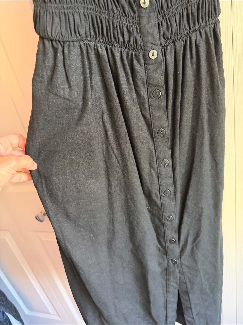 linen Black Smocked Button-Front Sundress - Picture 3 of 3